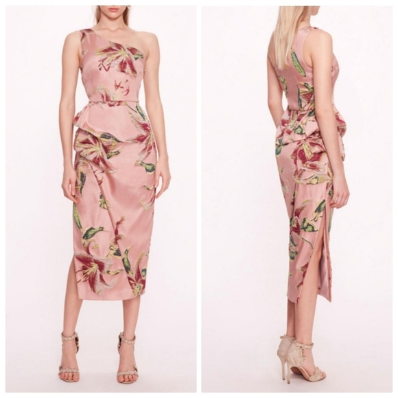 New Marchesa Notte Draped One-Shoulder Floral Jacquard Midi Cocktail Dress NWT - Picture 1 of 16